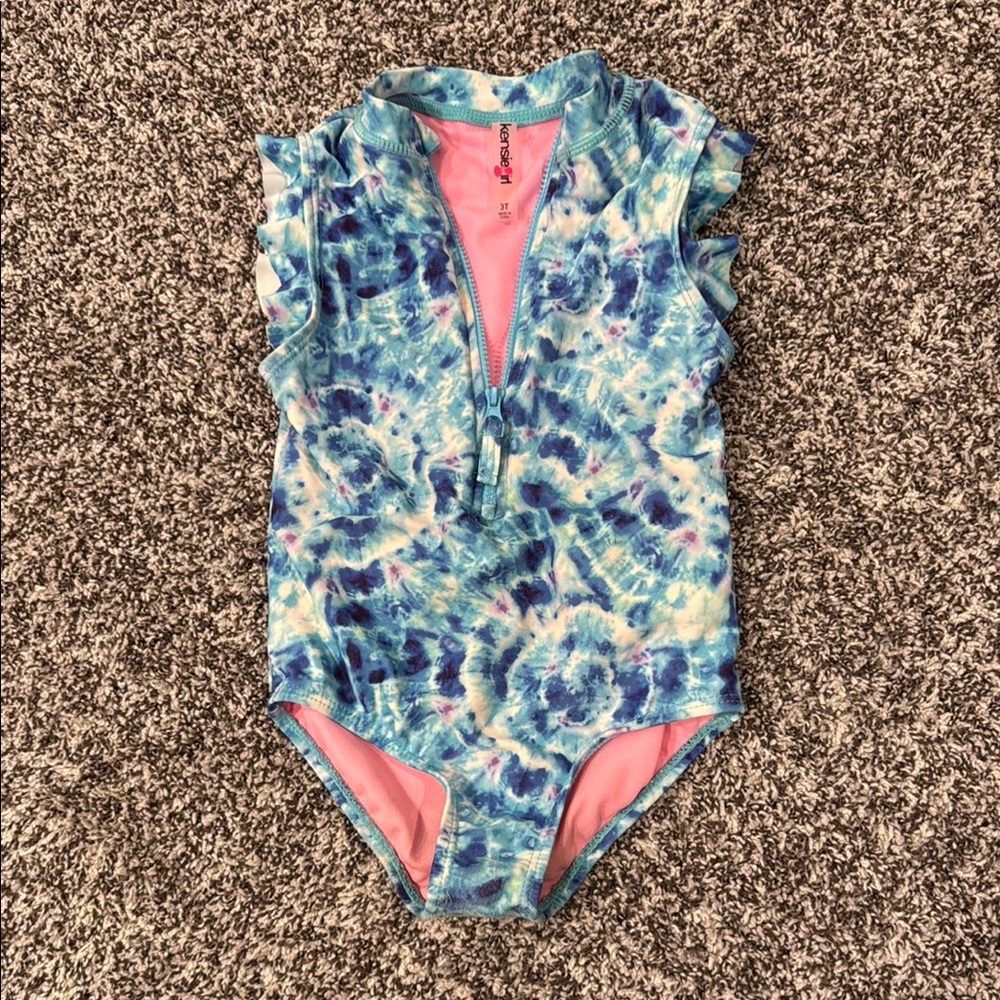 Kensie girl toddler 3T blue purple white tie dye one piece ruffle bathing suit